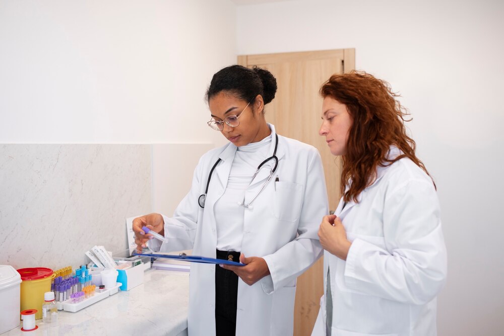 Side view doctors working together